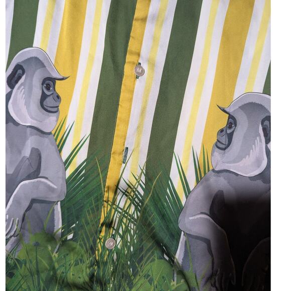 Averie Uma Green Yellow Striped Gorilla Graphic Two Piece Satin Pajama Set Sz L - Picture 2 of 6